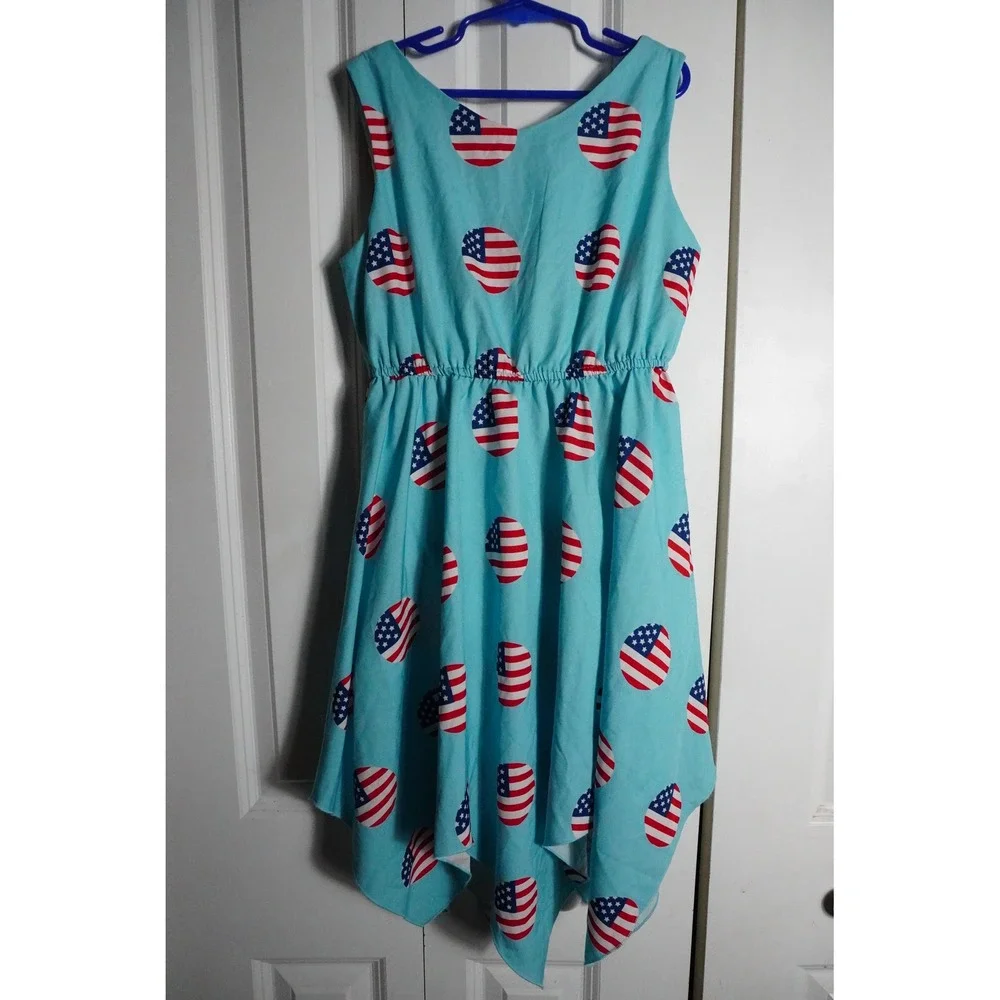 Sunny Fashion Dress Size 10 Americana Polka Dot Handkerchief Hem Turquoise